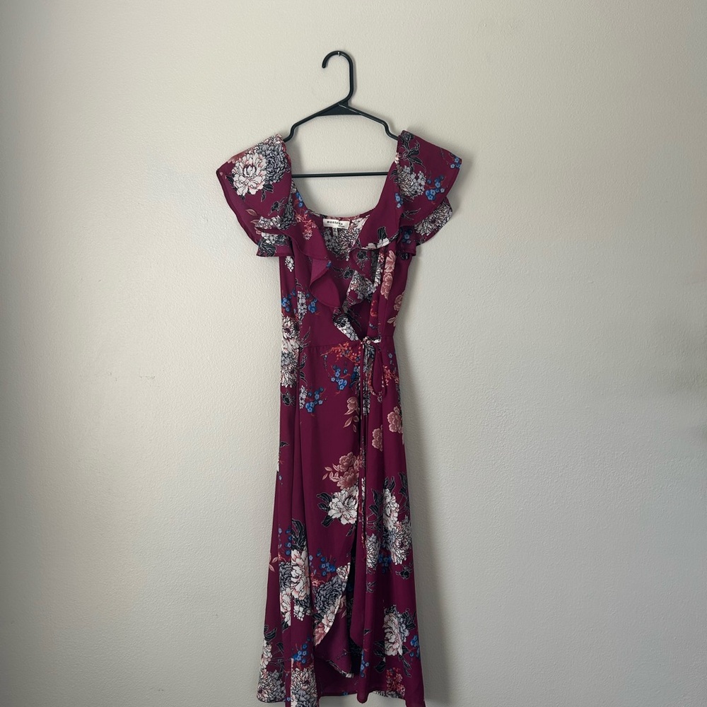 Monteau Wine Floral Ruffle Wrap Midi Dress - Picture 4 of 9